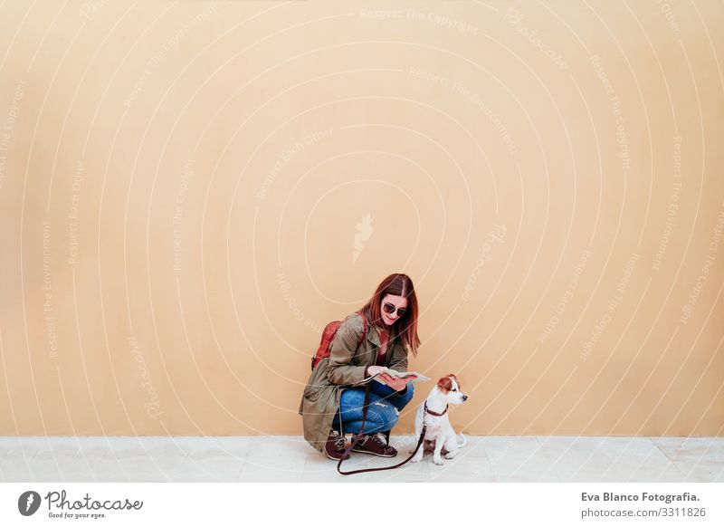 woman and dog at the city, yellow background. woman reading a map. travel and tourism concept urban wall jack russell pet cute small lovely adorable caucasian