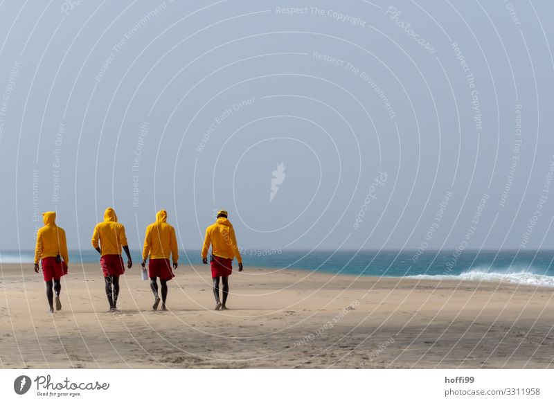 four lifeguards in yellow hoodies and red pants on the beach Vacation & Travel Tourism Far-off places Summer Sun Beach Human being Friendship 4 18 - 30 years