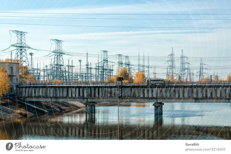 bridge over the river and the power line in Chernobyl Vacation & Travel Tourism Trip Industry Nature Landscape Plant Sky Clouds Autumn Tree River Bridge Old