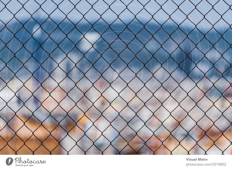 City through a chain link fence Town Capital city Port City Skyline Manmade structures Architecture Metal Steel Observe Looking Far-off places Curiosity Colour