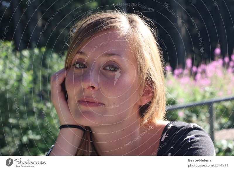 Thoughtful 1 Woman Young woman Pensive Meditative Think portrait pretty sunshine