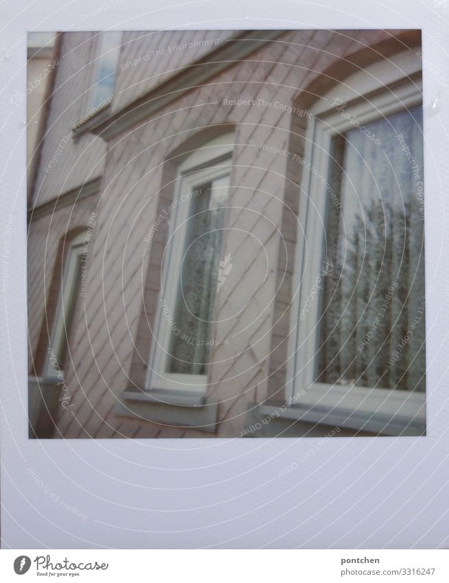 Polaroid of pink house facade House (Residential Structure) Old Hideous Drape Old fashioned Window Facade Pink Living or residing Colour photo Subdued colour
