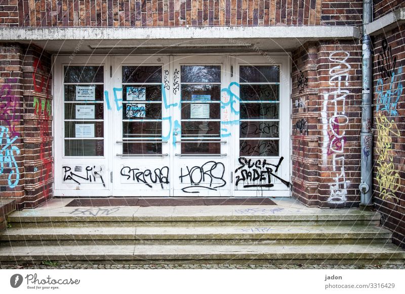 in-out zone. Town House (Residential Structure) Manmade structures Building Architecture Stairs Door Wood Glass Brick Signs and labeling Graffiti Old Nostalgia
