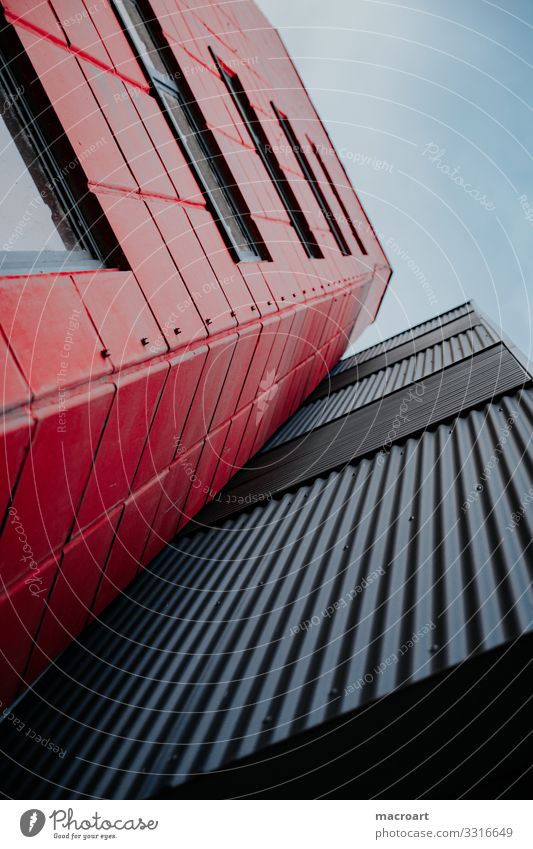 architecture Architecture Manmade structures Building Structures and shapes Line Metal Corrugated sheet iron Red Black Sky Worm's-eye view Window Glass