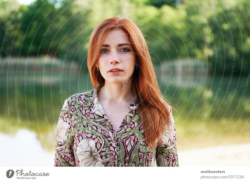 young woman in summer dress at the lake Young woman Lifestyle Red-haired Nature Lakeside Elegant Style already Leisure and hobbies Human being Feminine