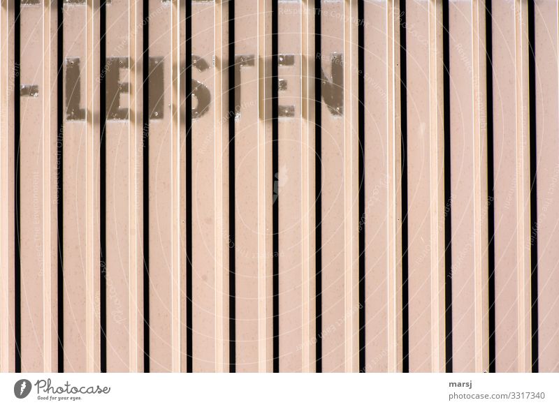 I cannot afford to write Wall (barrier) Wall (building) Facade sheet metal Characters Written Wood strip Old Striped Colour photo Subdued colour Exterior shot