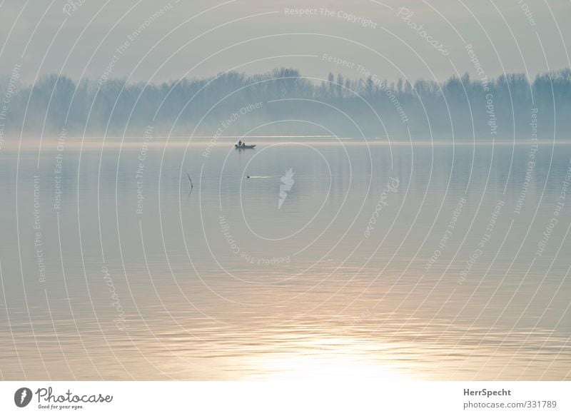 early-morning exercise Fishing (Angle) Environment Nature Beautiful weather Fog Lakeside Gray Fisherman Angler Dawn Loneliness Calm Watercraft Motorboat