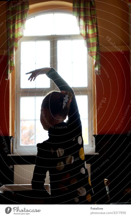 small dancer Human being Feminine Child Girl Infancy Body Head Back Arm Hand Fingers 1 House (Residential Structure) Window Elegant Bright Multicoloured Dance