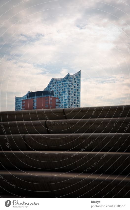 Elphi Sky Clouds Hamburg Town Manmade structures Architecture Stairs Tourist Attraction Elbe Philharmonic Hall Authentic Small Above Positive Success Design