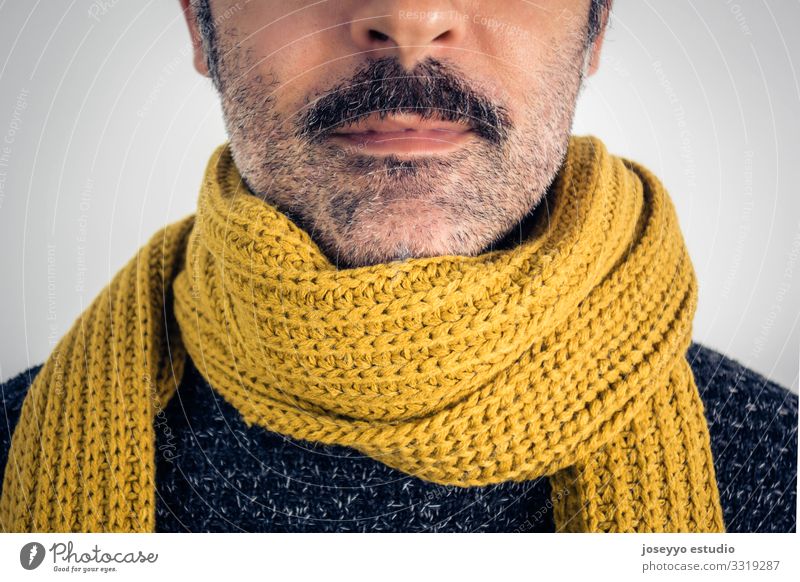 Close up of brown man with mustache and yellow scarf. Adults Beautiful Brown Cancer Casual clothes Caucasian Charming Close-up Common cold Cool (slang)