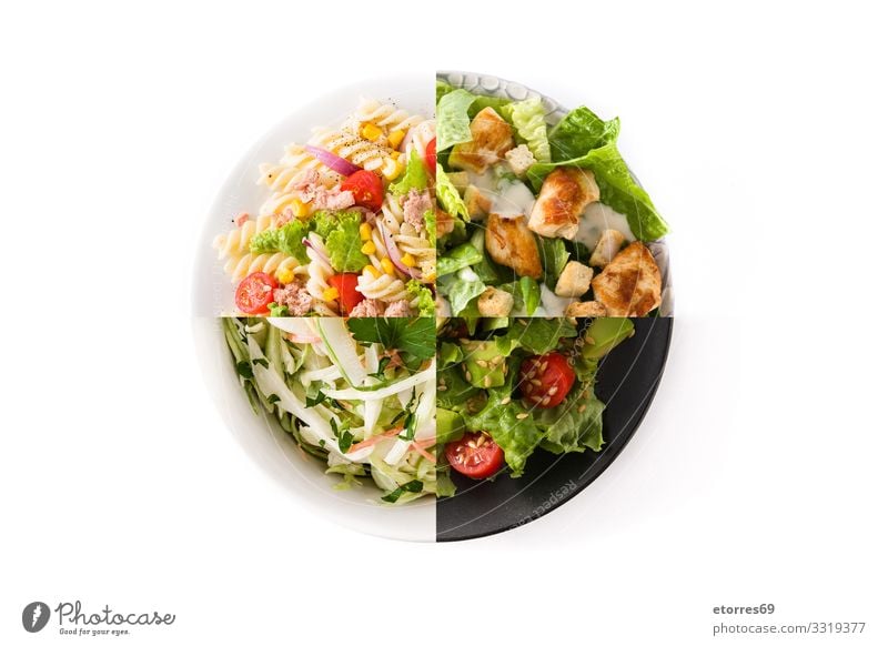 Collage of healthy salads isolated on white background Salad Coleslaw Water melon Noodles Pasta Avocado Tuna fish Vegetable Healthy Healthy Eating Food