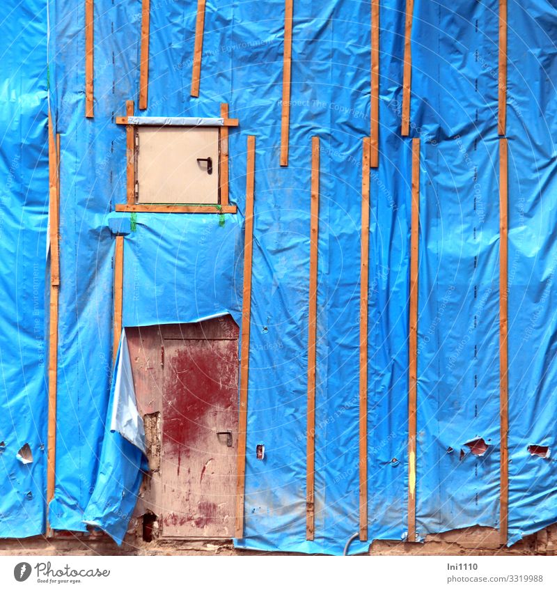 Protective cover I Work and employment Craftsperson Workplace Construction site Craft (trade) Plastic packaging Wood Blue Brown Red Protection Destruction