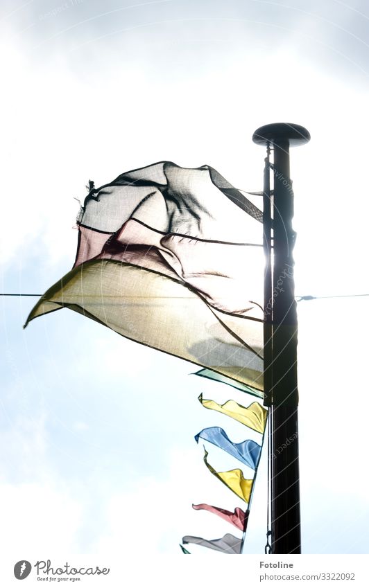 flag in the wind Sky Clouds Summer Beautiful weather Wind Bright Blue Yellow Red Black White Flag Flagpole Rope Blow pennant chain Colour photo Multicoloured