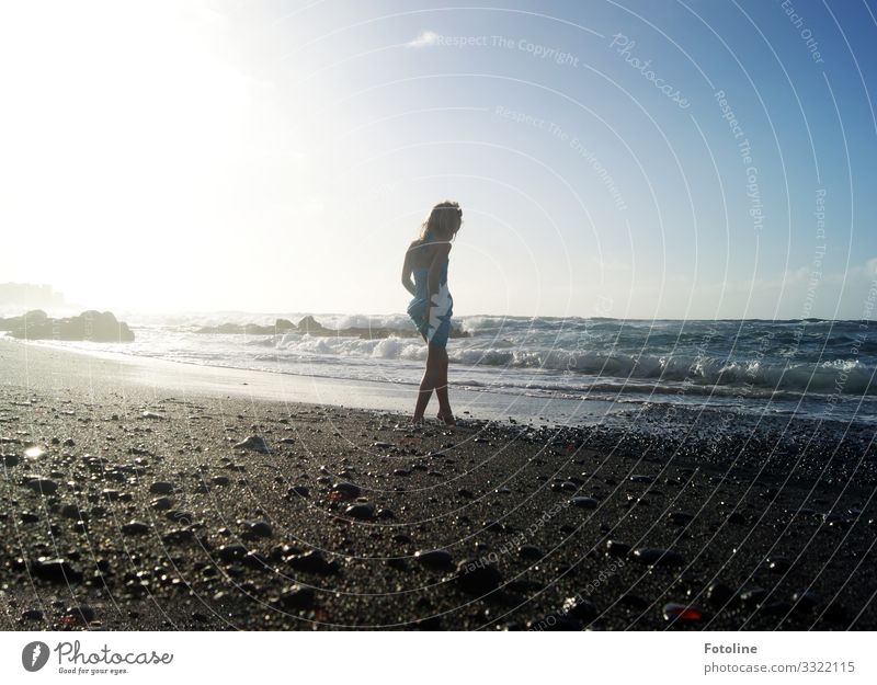 Waiting for the wave Human being Feminine Child Girl Infancy Life Environment Nature Landscape Elements Earth Water Sky Cloudless sky Summer Waves Coast Beach