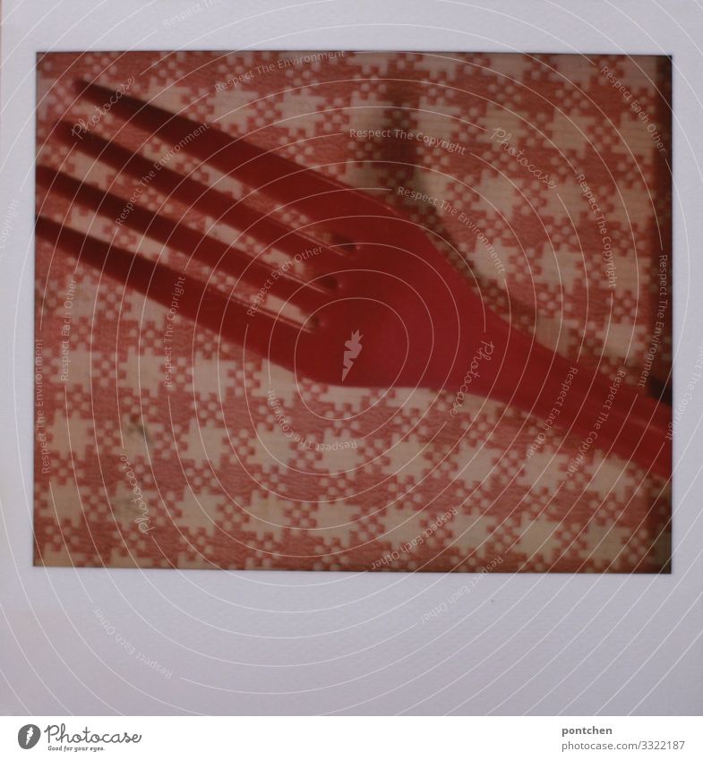 Polaroid photo of plastic bags pink fork on checkered background Lifestyle Save Living or residing Flat (apartment) Cheap Cutlery Pink Checkered
