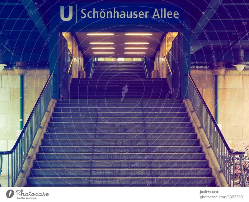 Schönhauser Allee, entrance to the underground Prenzlauer Berg Train station Architecture Underground Subway station Stairs Banister Landing Characters
