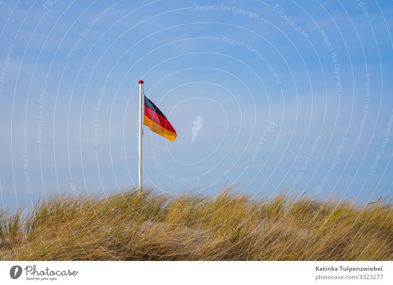 Fahnenmast mit Deutschlandflagge über den Dünen Nature Landscape Sand Sky Summer Beach North Sea Island Landmark Flag Elegant Uniqueness Blue Yellow Gold Red