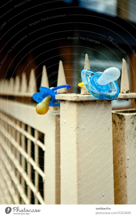 Two dummies Keep Baby Discovery site Find Real estate Child Kindergarten Toddler Soother Suck Mammal Doomed Fence 2 In pairs Deserted Copy Space Exterior shot
