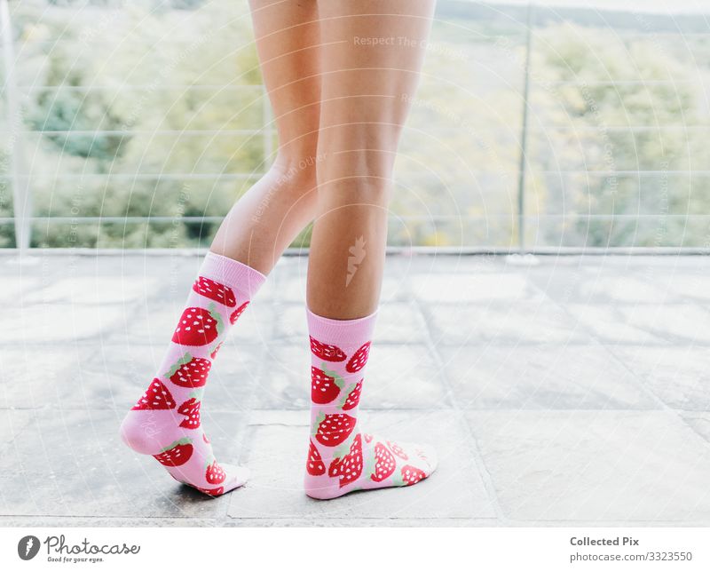 woman standing with pink strawberries socks Lifestyle Luxury Style Pedicure Leisure and hobbies Vacation & Travel Living or residing Flat (apartment)