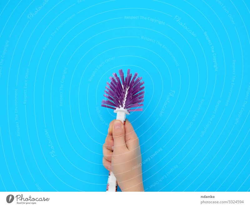 hand holds a plastic brush Work and employment Tool Human being Woman Adults Arm Hand Fingers Plastic Cleaning New Blue Protection background cleaner