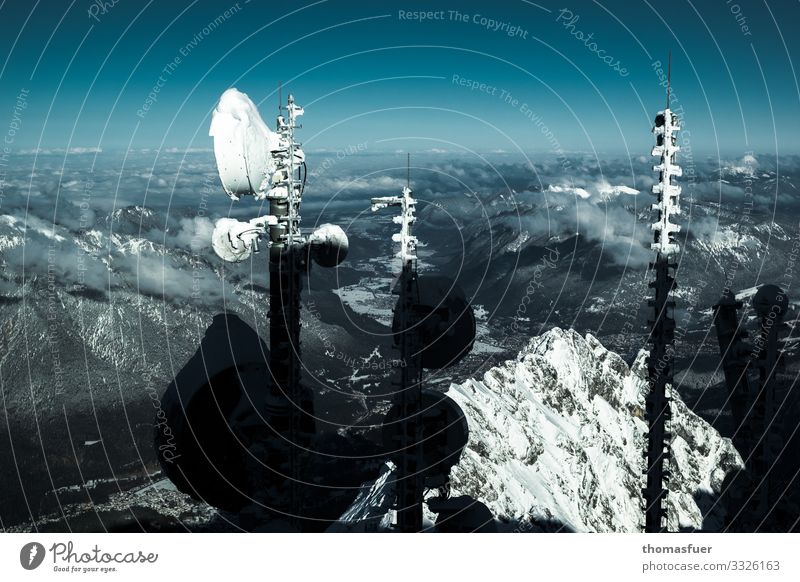 Iced radio antennas on the Zugspitze with view Vacation & Travel Trip Far-off places Winter Snow Winter vacation Mountain Broadcasting tower Antenna Technology