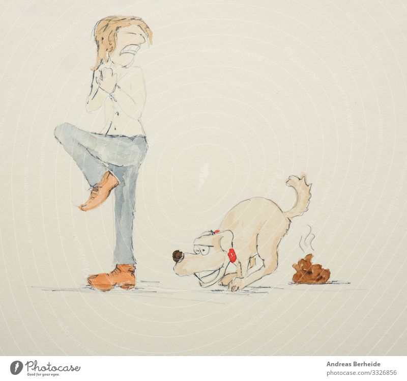 Dog owner is disgusted of the dog poo Joy Human being 1 Pet Animal Love of animals Disgust train defecate friend Illustration drawing Living thing cute Joke