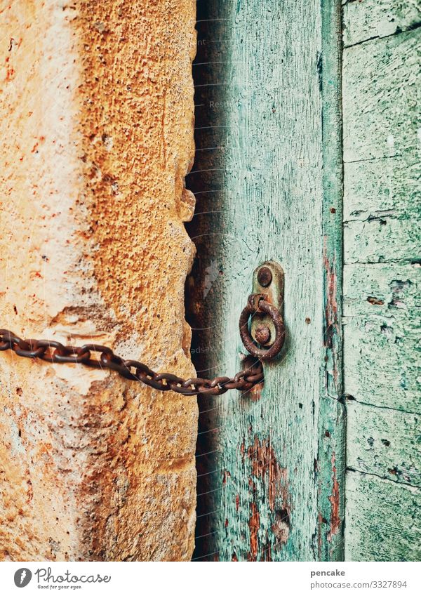 chain reaction Chain Door Old Entrance locked Lock Green Yellow Italy Wall (barrier) Facade Architecture Exterior shot Manmade structures