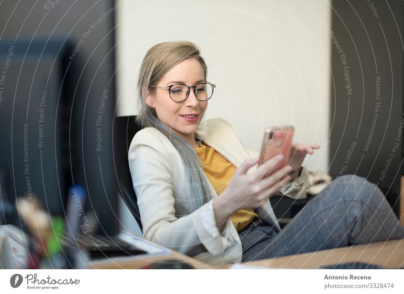 Beauty woman working happy at office, phone distraction Elegant Work and employment Profession Workplace Office Business Company Telephone PDA Internet Woman
