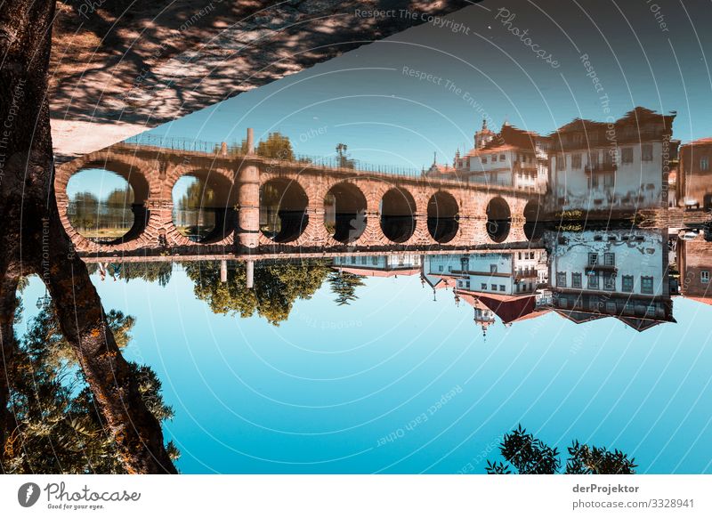 Reflection of a bridge in the north of Portugal Reflection in the water Portuguese Bridge Historic Buildings Road traffic Leisure and hobbies Empty Tracks