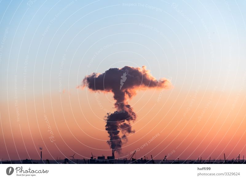Coal-fired power plant at sunset with a very large cloud of exhaust gas Energy industry Coal power station Industry Cloudless sky Sunrise Sunset Climate change