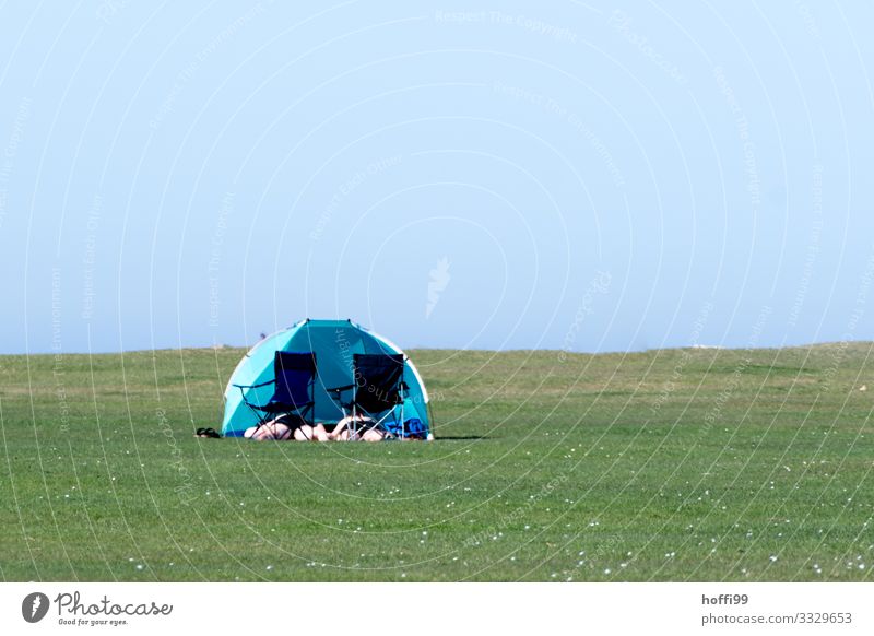 Sunbathing on green meadow with folding chair and wind shell Beach Human being 2 Landscape Cloudless sky Summer Beautiful weather Grass Meadow Lawn Lakeside