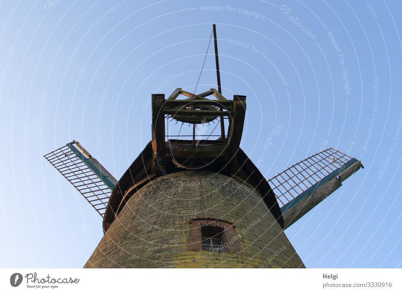 Rear view of a windmill from the frog's eye Manmade structures Building Windmill Windmill vane Cap windmill Wall (barrier) Wall (building) Window