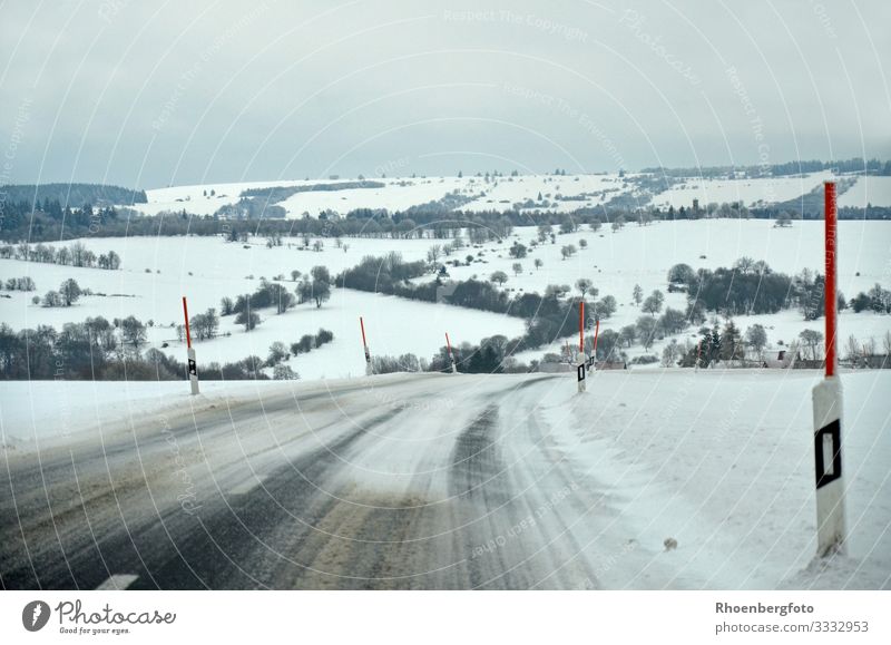 snowy road Winter Snow Winter vacation Mountain Hiking Nature Landscape Sky Storm clouds Climate change Weather Bad weather Fog Ice Frost Snowfall Village