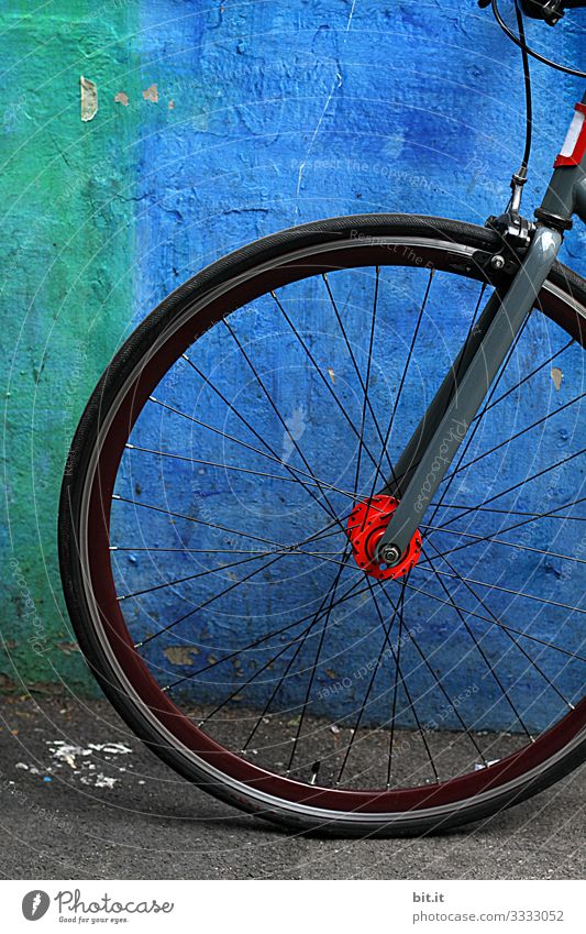 Front wheel with spokes from the wheel, parked, leaning against a blue, gaudy wall, during the break of the bike tour, in the city. Leisure and hobbies Sports