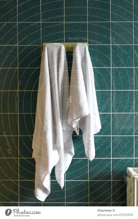 Order | Two white towels hang on hooks on green wall tiles. Lifestyle Personal hygiene Living or residing Flat (apartment) Bathroom Tile Checkmark Line Towel