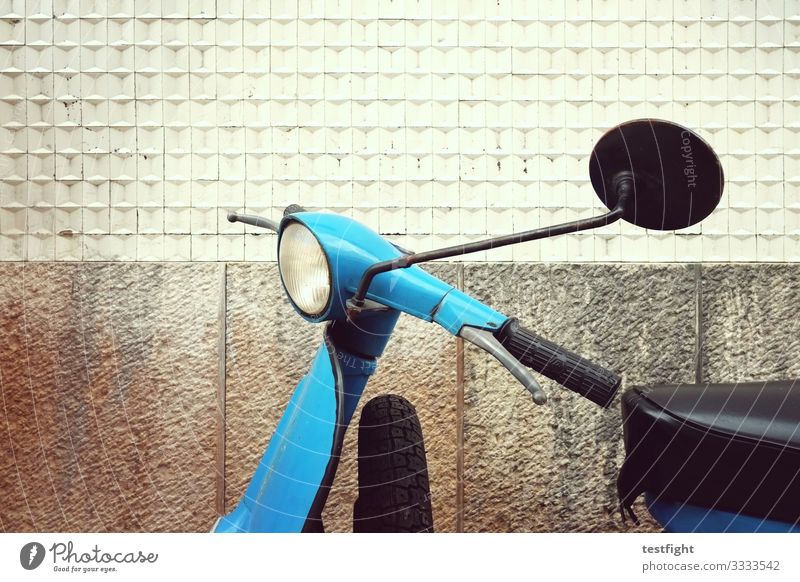 scooter Scooters Vespa Old Vintage car Blue Rear view mirror Parking Wall (building) Driving Light motorbike