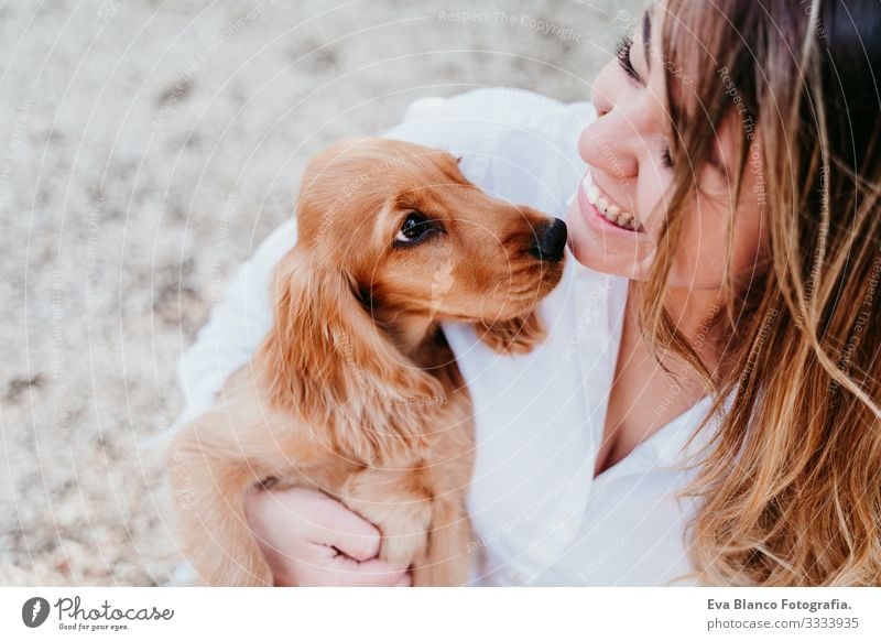 young woman and her cute puppy of cocker spaniel outdoors in a park Woman Dog Pet Park Sunbeam Exterior shot Love Embrace Smiling Rear view Kissing Breed