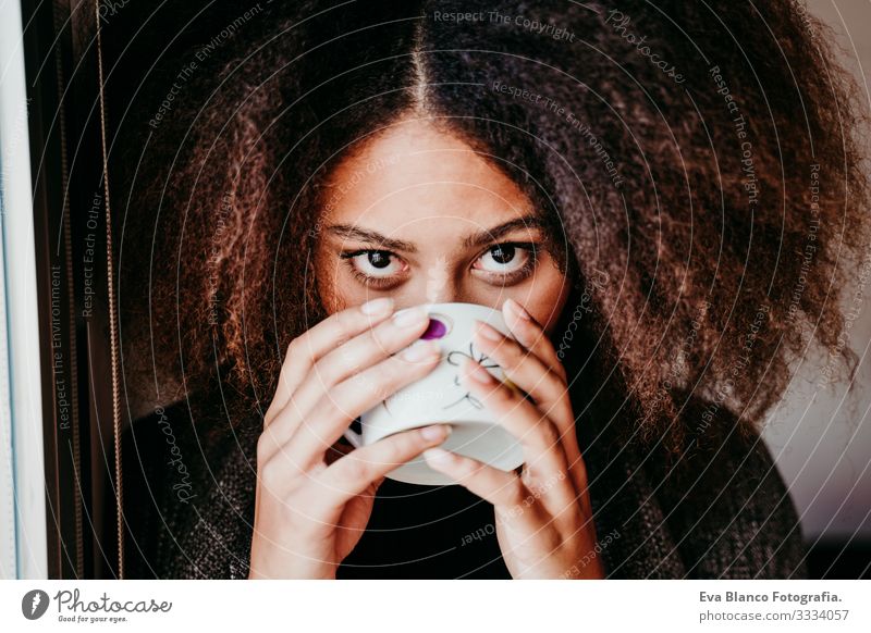 portrait of beautiful afro american young woman by the window drinking tea or coffee. Lifestyle indoors African-American Woman Coffee Home Ethnic