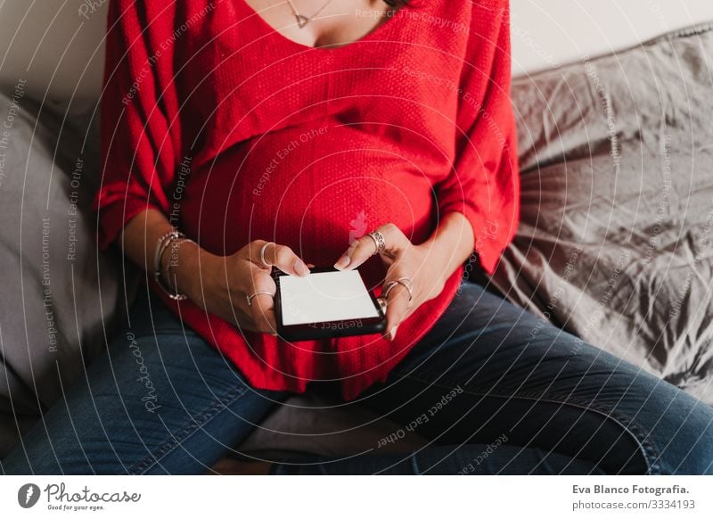 young pregnant woman at home using mobile phone Pregnant Woman Cellphone Technology Home Bed PDA expecting Baby Showing one's bellybutton Internet wifi Writing