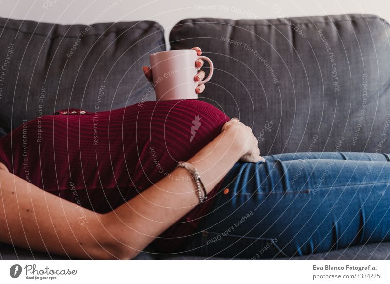 portrait of young pregnant woman at home lying on the sofa and holding a cup on belly Pregnant Woman Portrait photograph Home Lifestyle expecting Window Day