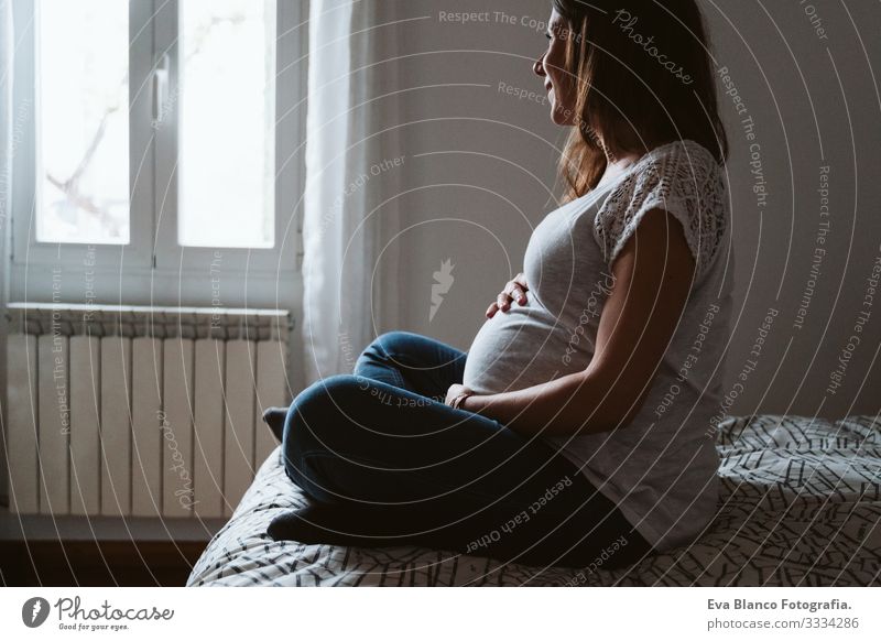 young pregnant woman at home. Pregnant Woman Home Bed pregnancy Baby expecting Showing one's bellybutton Day Lie tenderness pleasure Interior design Happiness