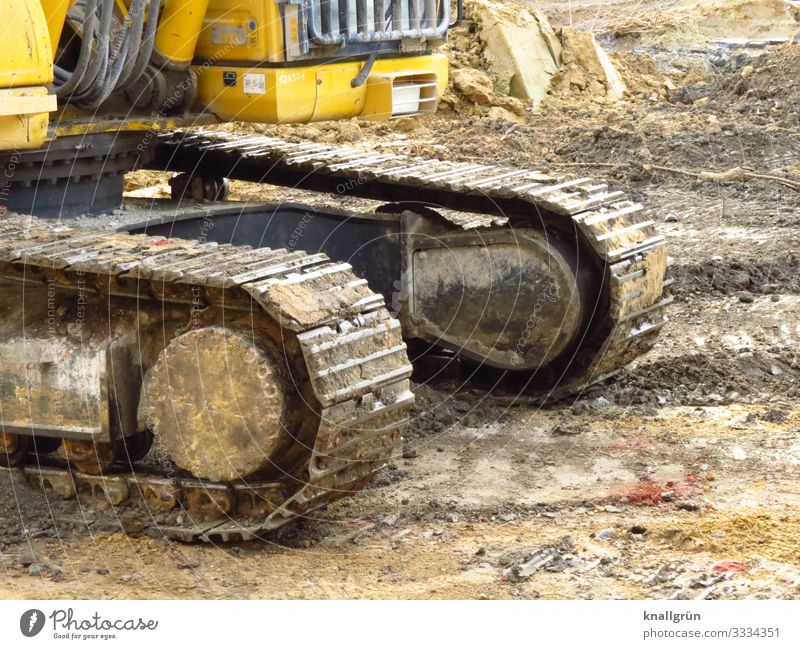 excavator Vehicle Excavator Build Broken Brown Yellow Logistics Change Tracked vehicle Construction site Dirty Colour photo Exterior shot Deserted