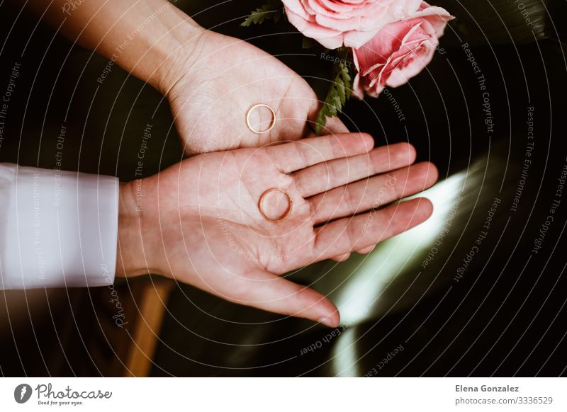 Man and woman with wedding rings in open hands. Feasts & Celebrations Wedding Woman Adults Hand Fingers Love Together Emotions Trust Relationship Eternity