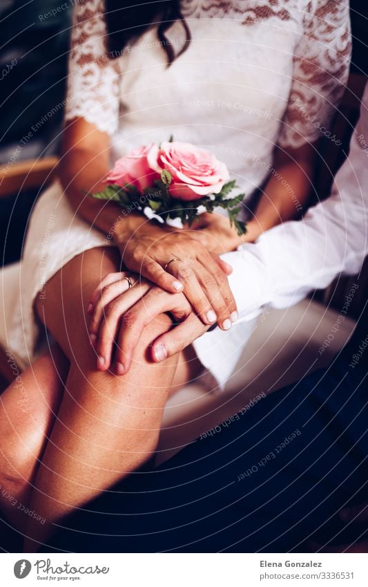 Newlywed couple with their wedding rings. Feasts & Celebrations Wedding Hand Fingers Bouquet Love Together Emotions Trust Romance Eternity Colour Arrangement