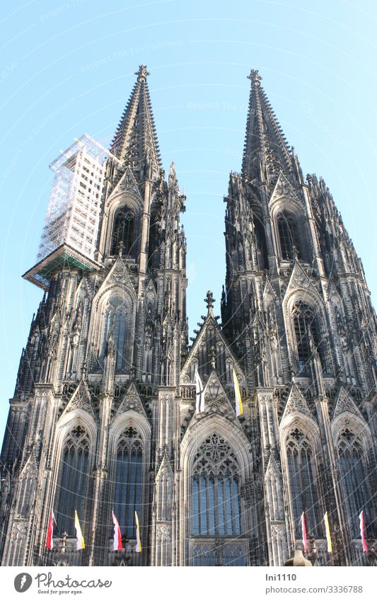 Cologne Cathedral with cage scaffolding City trip Downtown Church Dome Tourist Attraction Monument Stone Steel Exceptional Famousness Sharp-edged Fantastic