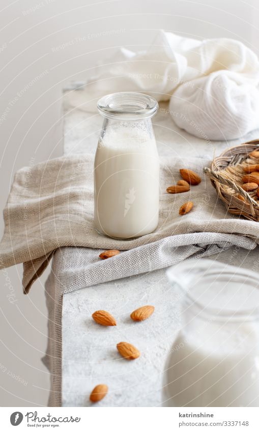 Vegan almond milk, non dairy alternative milk Vegetable Nutrition Breakfast Vegetarian diet Diet Beverage Bottle Fresh Natural Alternative almonds Vegan diet