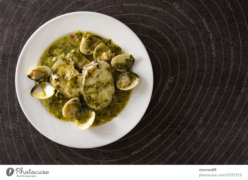 Hake fish and clams with green sauce Mussel Clamp Delicious Fish Food Healthy Eating Food photograph Fresh Garlic Gourmet Green Grill hake Herbs and spices