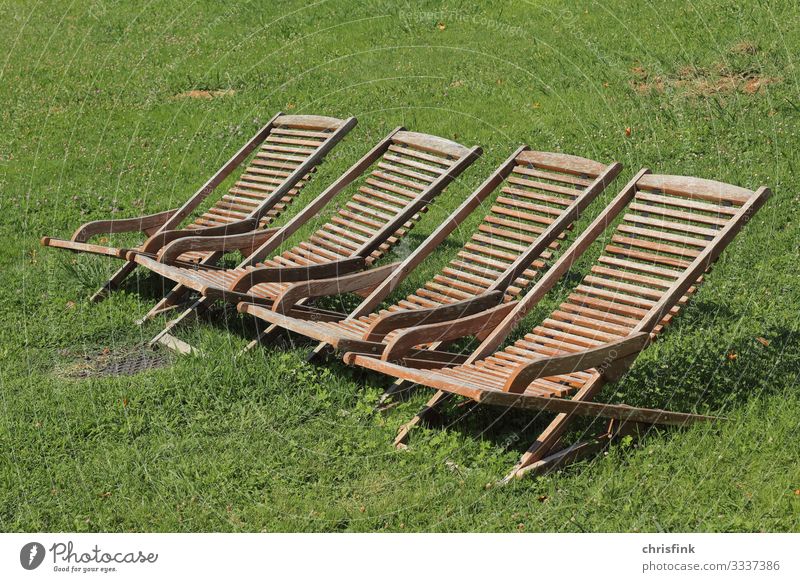 Wooden deckchairs on meadow Lifestyle Beautiful Vacation & Travel Trip Sunbathing Human being Environment Nature Climate change Garden Park Meadow To enjoy