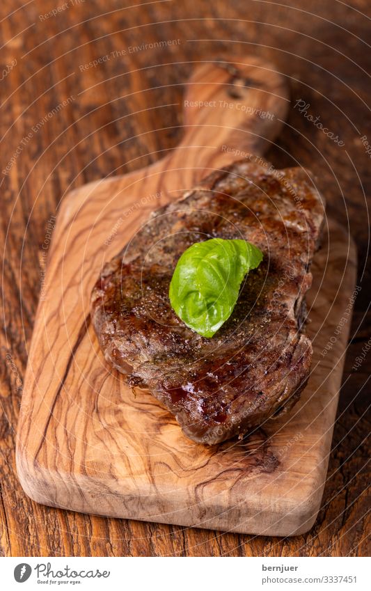 Steak on wood Meat Herbs and spices Table Media Wood Old Dark Above Juicy Black Basil Vintage Pepper Beef Chopping board Gourmet Sirloin grilled meat