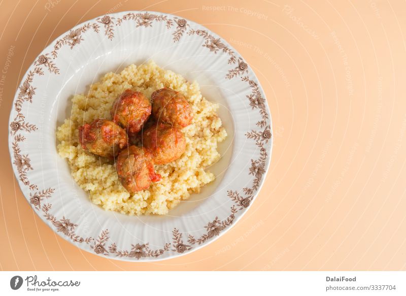 Meatballs with typical Moroccan couscous Dinner Plate Tradition Kefta Marrakesh Morocco background Cereals copyspaces cous-cous Cooking cuscus food hanout